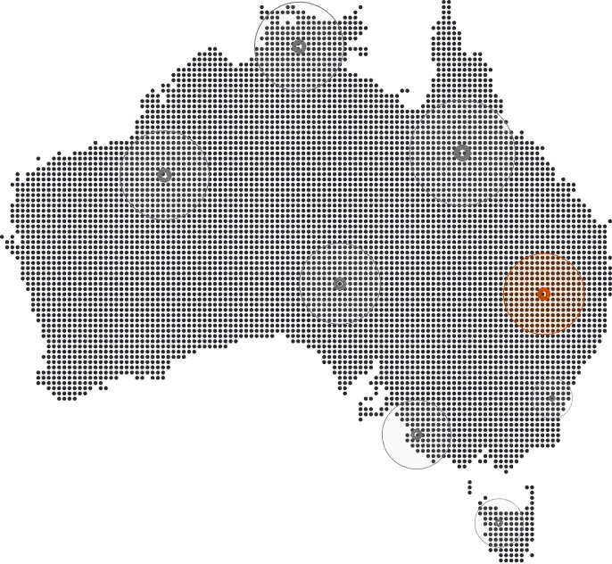 Map of Australia with several grey circles indicating locations and one orange circle highlighting an area on the eastern side.